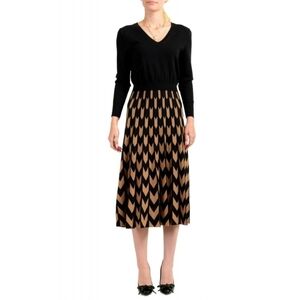 Hugo Boss Fetra Knit Fit & Flare Dress Wool Cotton Chevron Midi Black Tan Size M